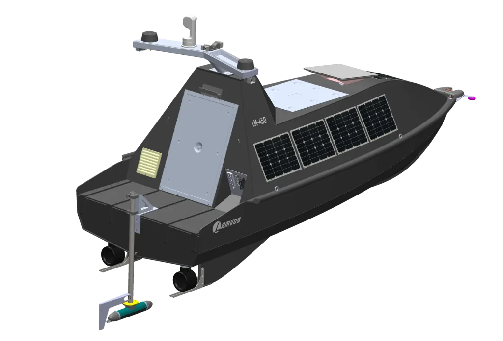 LM450 USV with a hull-mounted sonar system deployed