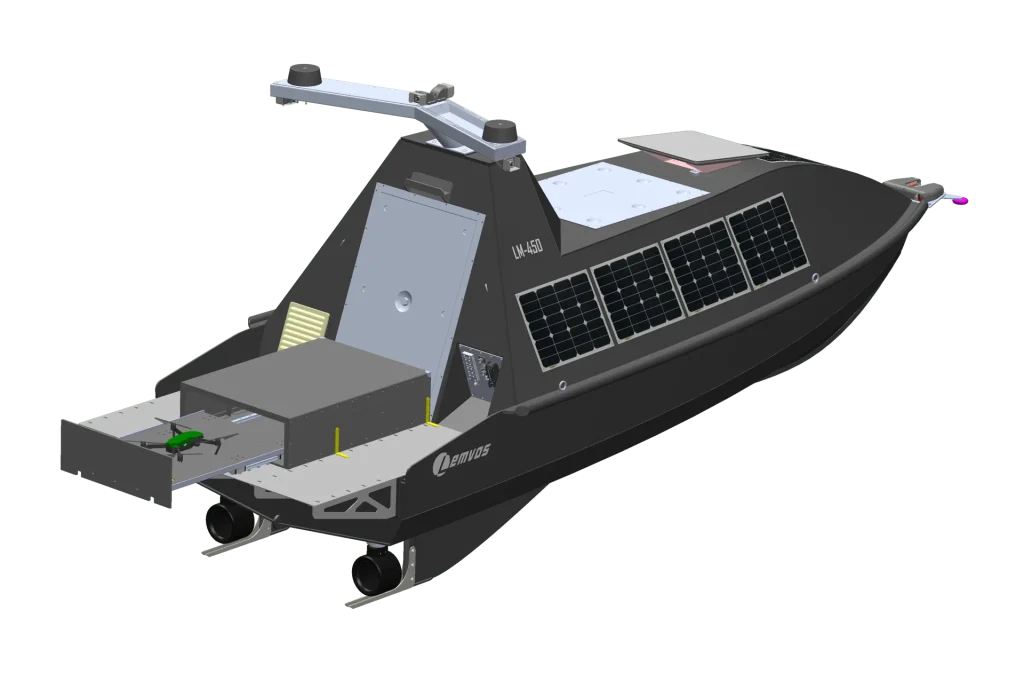 LM450 USV with a UAV landing and docking pad mounted on the aft deck
