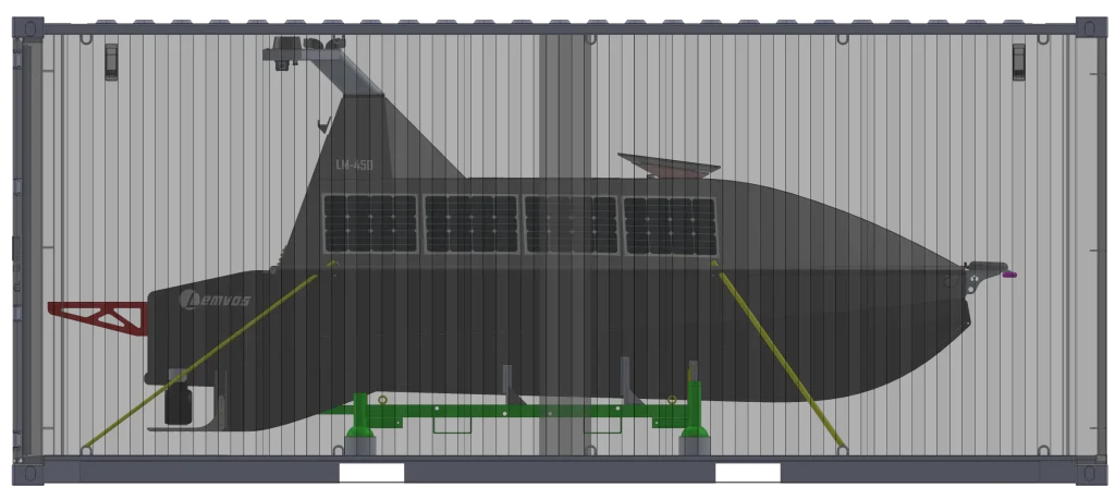 LM450 uncrewed surface vessel loaded inside a standard 20-foot shipping container